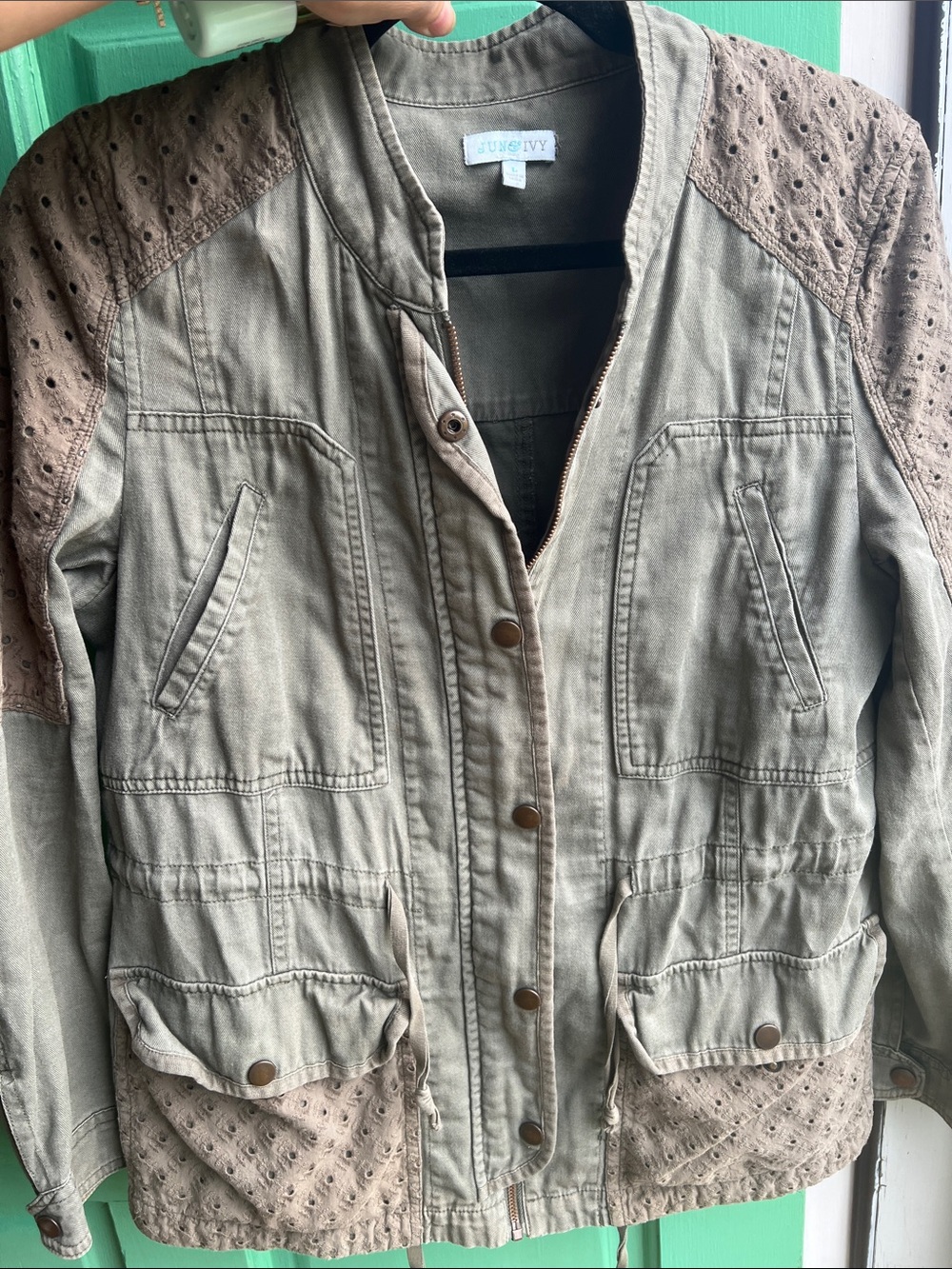 June & Ivy Utility Jacket with Eyelet Accents in Olive Green and Taupe / Large